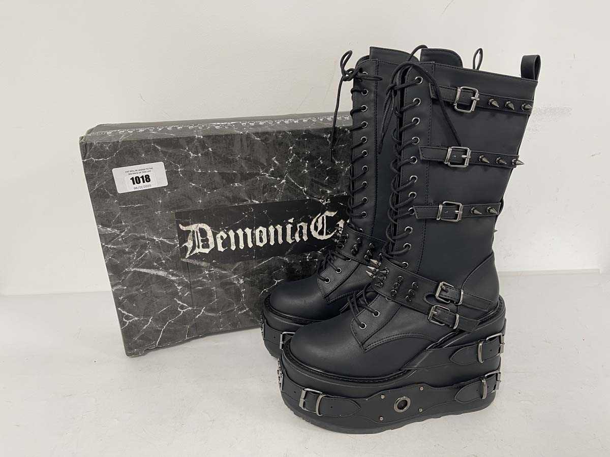 Lot 1018 - Demonia Cult vegan leather boots in black size...