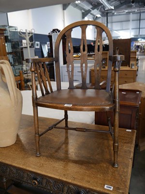 Lot 1320 - Dark oak chair on slender turn supports with...