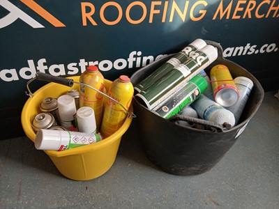 Lot 179 - Two buckets of oxygen canisters, adhesive etc