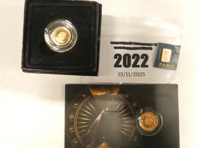 Lot 2022 - PAMP 1g gold bar, Quarter Sovereign and 2022...