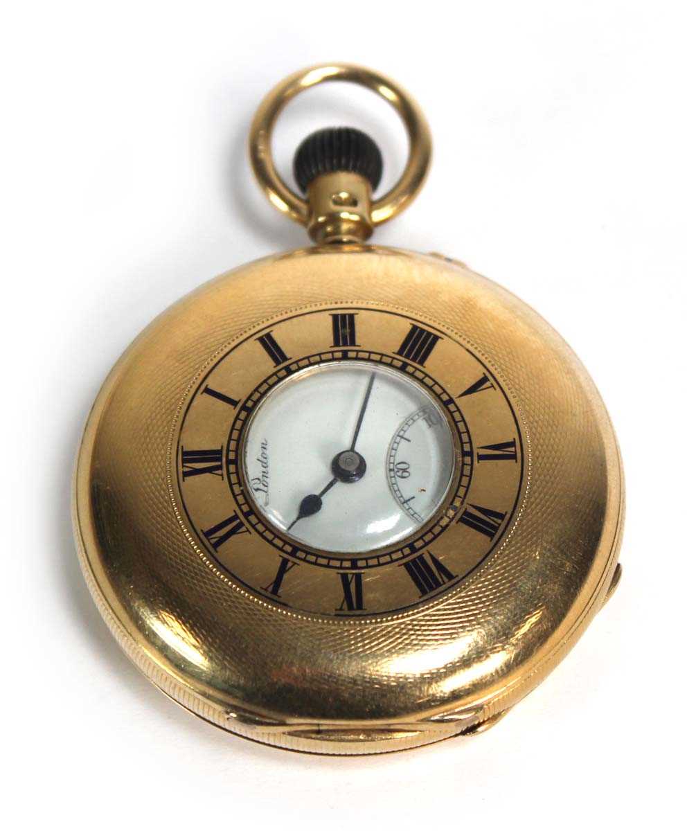 Lot 929 - An 18ct yellow gold half hunter pocket watch...