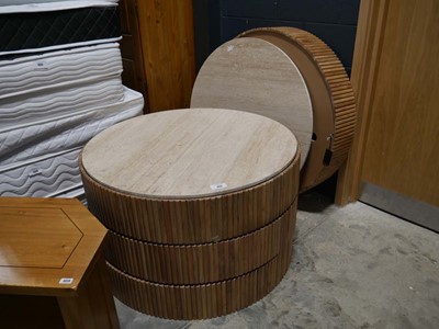 Lot 1421 - 4 drum shaped wood finish marble top circular...