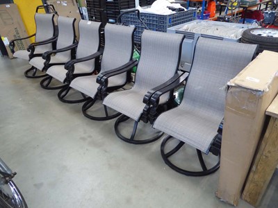 Lot 4053 - Six mesh back swivel metal framed garden chairs