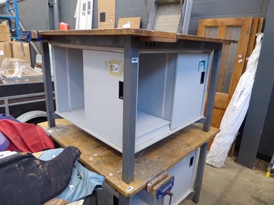 Lot 4258 - Metal framed timber top work bench with buuilt...