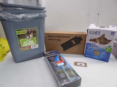 Lot 3891 - 3 dry food pet containers, Dog scratch board,...