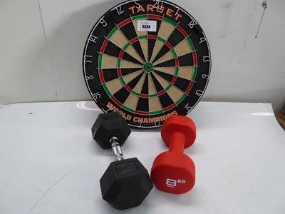 Lot 3538 - 8kg & 7.5kg hand weights and Dart board