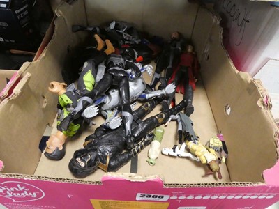 Lot 2366 - Two boxes containing various action figures,...