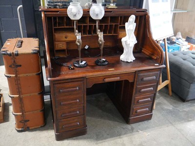 Lot 1343 - Dark oak roll top desk with arrangement of 9...