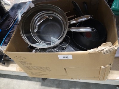 Lot 1669 - Box containing various frying pans, other pans...