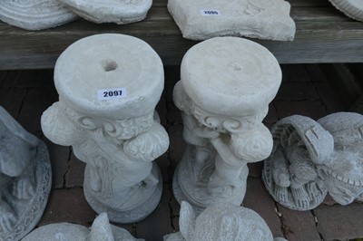 Lot 2097 - Pair of concrete 3 cherub bird bath stands