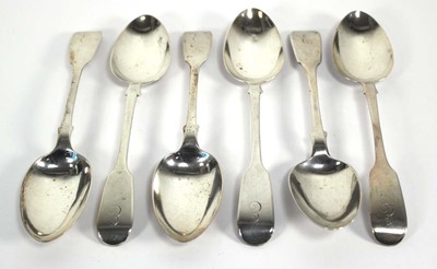 Lot 402 - A set of six Victorian silver fiddle pattern...