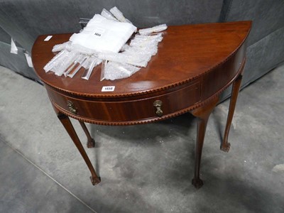 Lot 1456 - Dark oak finish single drawer demi-lune side...