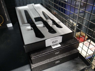 Lot 1527 - 3 boxed 3 piece sets of Mac knives (model Chef-...