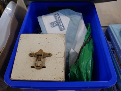 Lot 1557 - Small blue crate containing Masonic regalia...