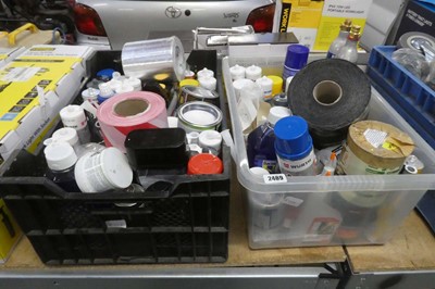 Lot 2489 - 2 crates containing adhesives, sealant, garden...
