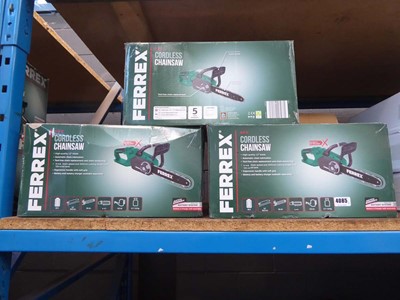 Lot 4085 - 3 boxed 40v cordless chainsaws from Ferrex no...