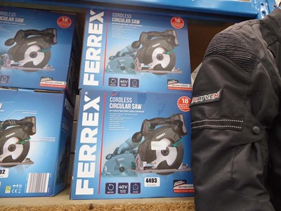 Lot 4493 - Two Ferrex cordless circular saw (no battery...