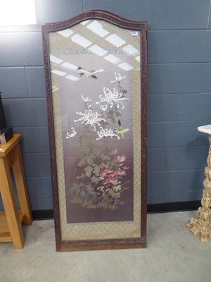 Lot 5015 - Pair of carved oak and embroidered panels with...