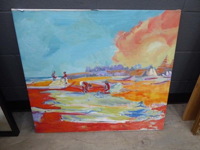 Lot 5024 - Oil on canvas of fishermen on beach