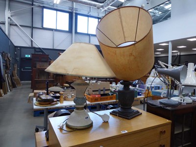 Lot 5178 - Two painted pottery table lamps with shades