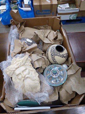 Lot 5186 - Box containing studio pottery and glass vases...
