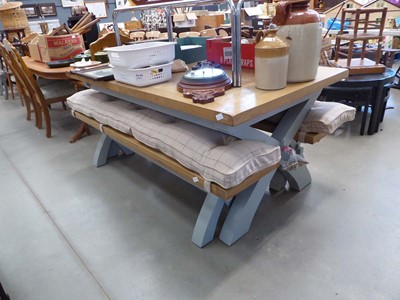 Lot 5140 - Oak dining table plus pair of matching benches...