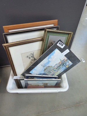 Lot 5213 - Box containing townscapes plus print of a dog...