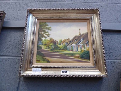 Lot 5252 - Modern oil on canvas - thatched cottage with...