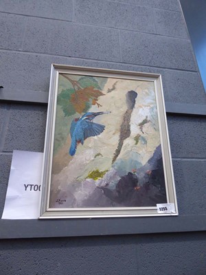 Lot 5255 - Oil on board signed J Norris of a Kingfisher...