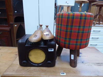 Lot 5269 - Pair of shoe lasts, Bakelite radio ad a footstool