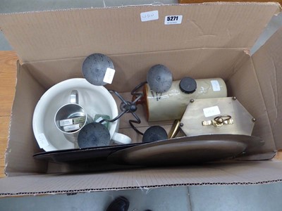Lot 5271 - Box containing a foot warmer, candle stick,...