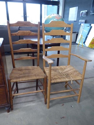 Lot 5324 - 2 ladder back chairs with strung seats