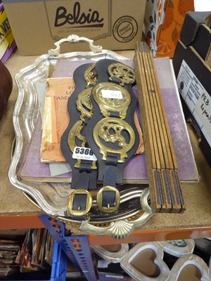Lot 5366 - 2 serving trays plus horse brasses, ruler and...