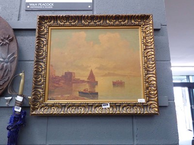 Lot 5329 - Oil on board, lake with fishing boat