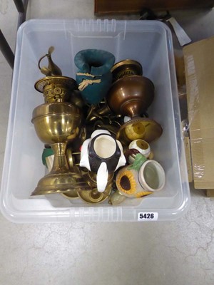 Lot 5426 - Box containing oil lamps, candlesticks,...