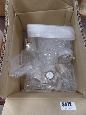 Lot 5472 - Box containing jam jars, quartz clock, vases etc.