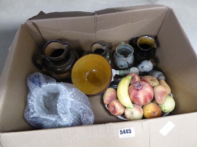 Lot 5445 - Box containing stoneware jugs, ceramic fruit...