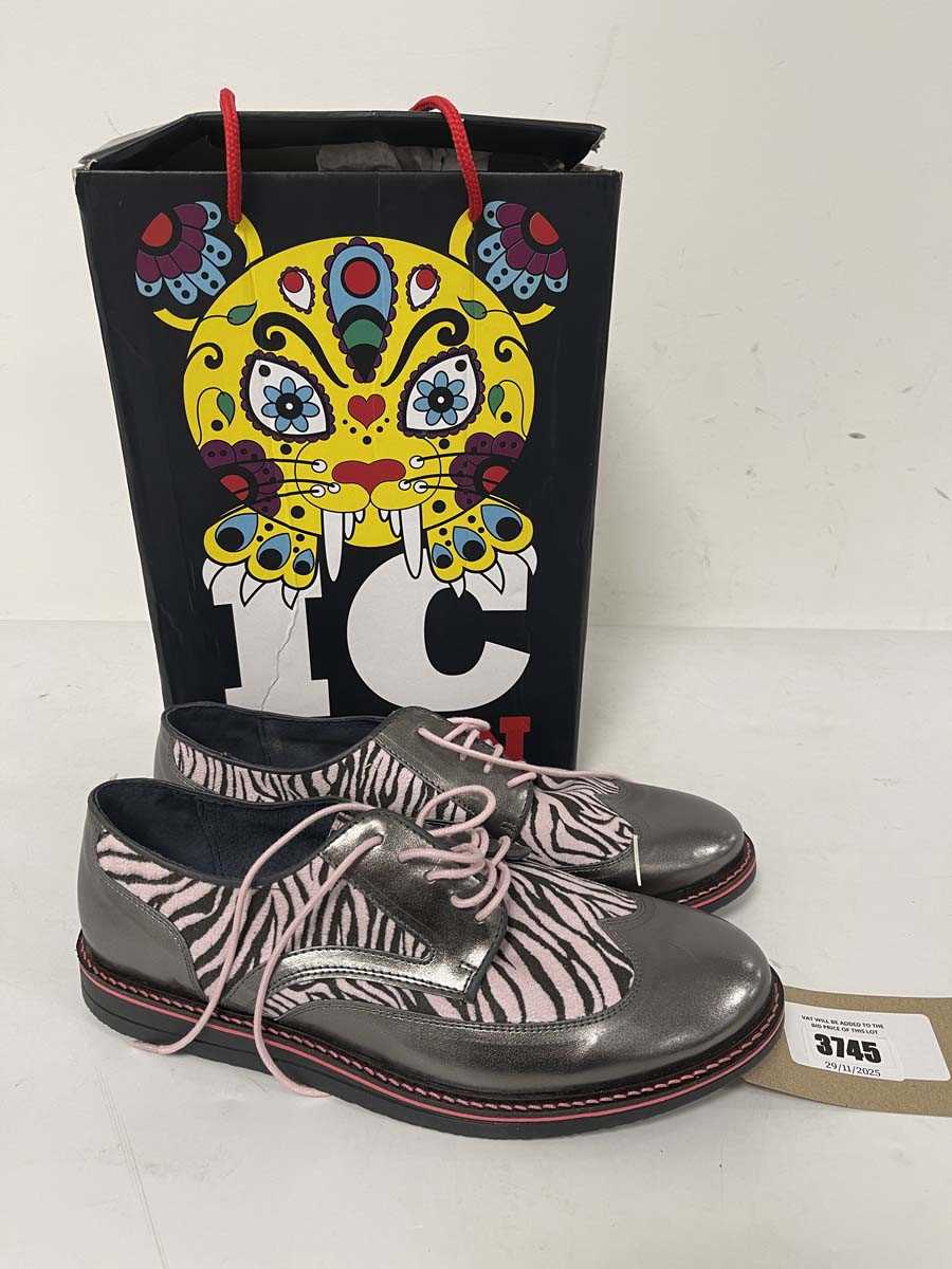 Lot 3745 - Irregular Choice pink zebra print oxford shoes...