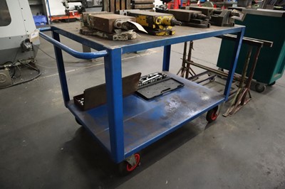 Lot 41 - Blue welded steel platform trolley with shelf...