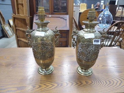 Lot 5153 - Pair of brass converted table lamps with...