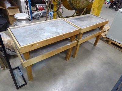 Lot 4244 - Four handmade wooden plant tables with a metal...