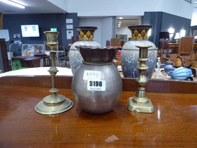 Lot 5196 - 2 brass candlesticks and vase