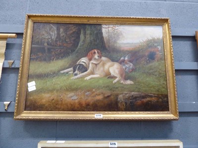 Lot 5274 - Oil on canvas of gun dogs with pheasant signed...