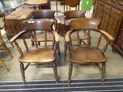 Lot 5314 - Four elm seated bow back armchairs