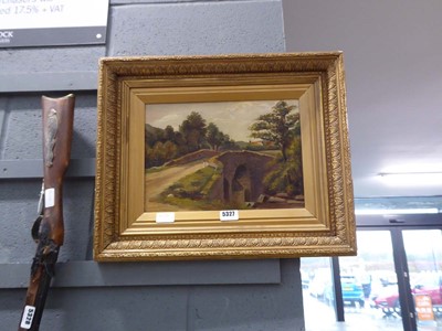 Lot 5327 - Oil on canvas - rural scene with bridge