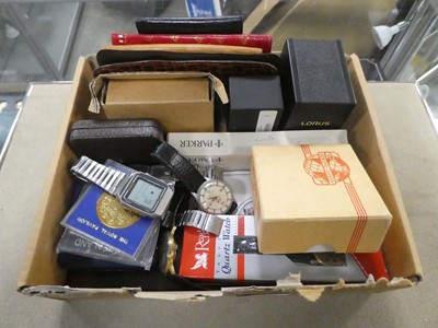 Lot 2299 - Box containing various watches, coins, pens,...