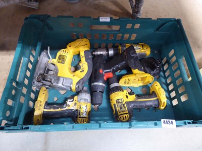 Lot 4434 - Green crate containing 3 DeWalt drills, drill...