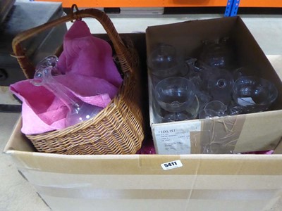 Lot 5411 - 2 boxes and a basket containing decanters,...