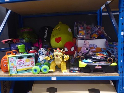 Lot 3396 - Large shelf of mixed toys including footballs etc