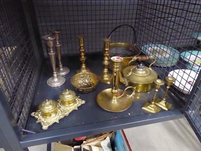 Lot 5497 - Cage containing brassware incl. candlesticks,...